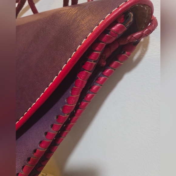 Handmade Pyramid Leather Whipstitch Crossbody Bag Purple and Red - Picture 4 of 12